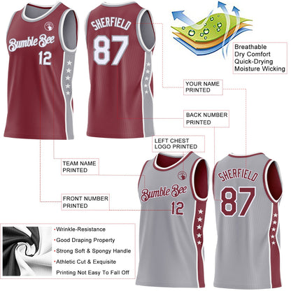 Custom Reversible Burgundy White-Gray Double Side Star Sublimation Basketball Set Jersey