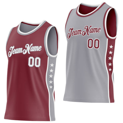 Custom Reversible Burgundy White-Gray Double Side Star Sublimation Basketball Set Jersey