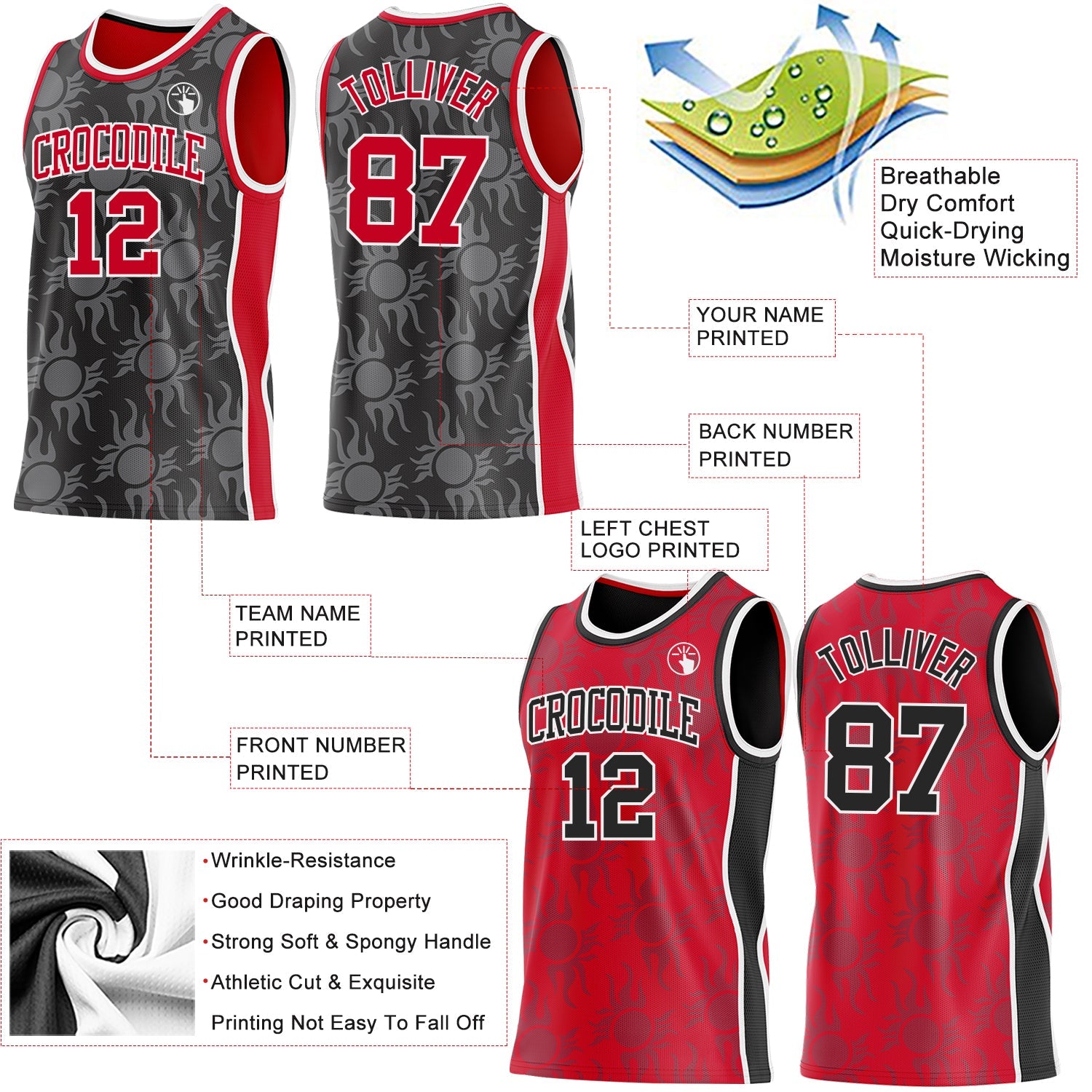 Custom Black Red-White Side Panel Stripe Sun Flame Reversible Double Side Sublimation Basketball Set Jersey