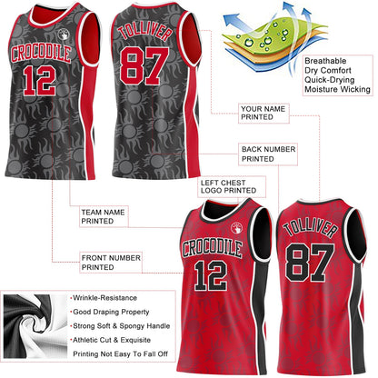 Custom Black Red-White Side Panel Stripe Sun Flame Reversible Double Side Sublimation Basketball Set Jersey
