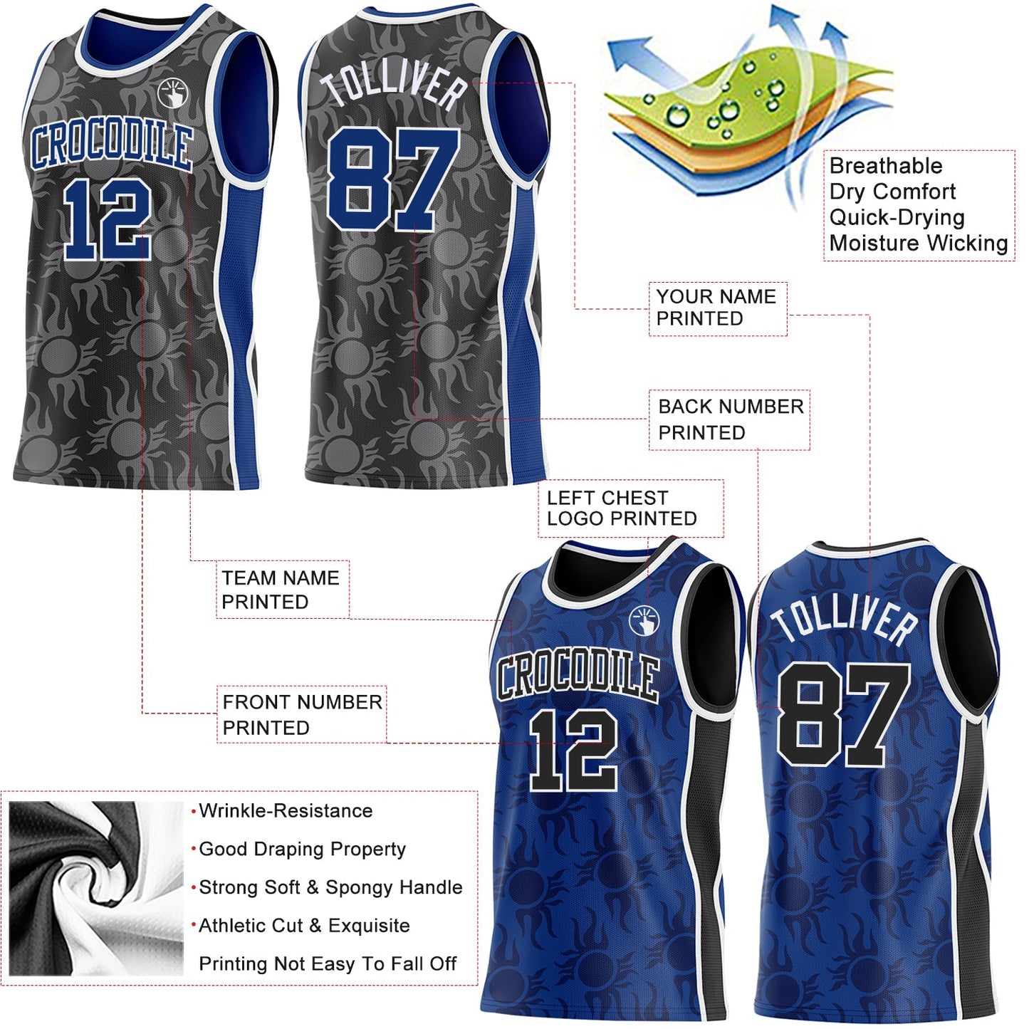 Custom Black Royal-White Side Panel Stripe Sun Flame Reversible Double Side Sublimation Basketball Set Jersey