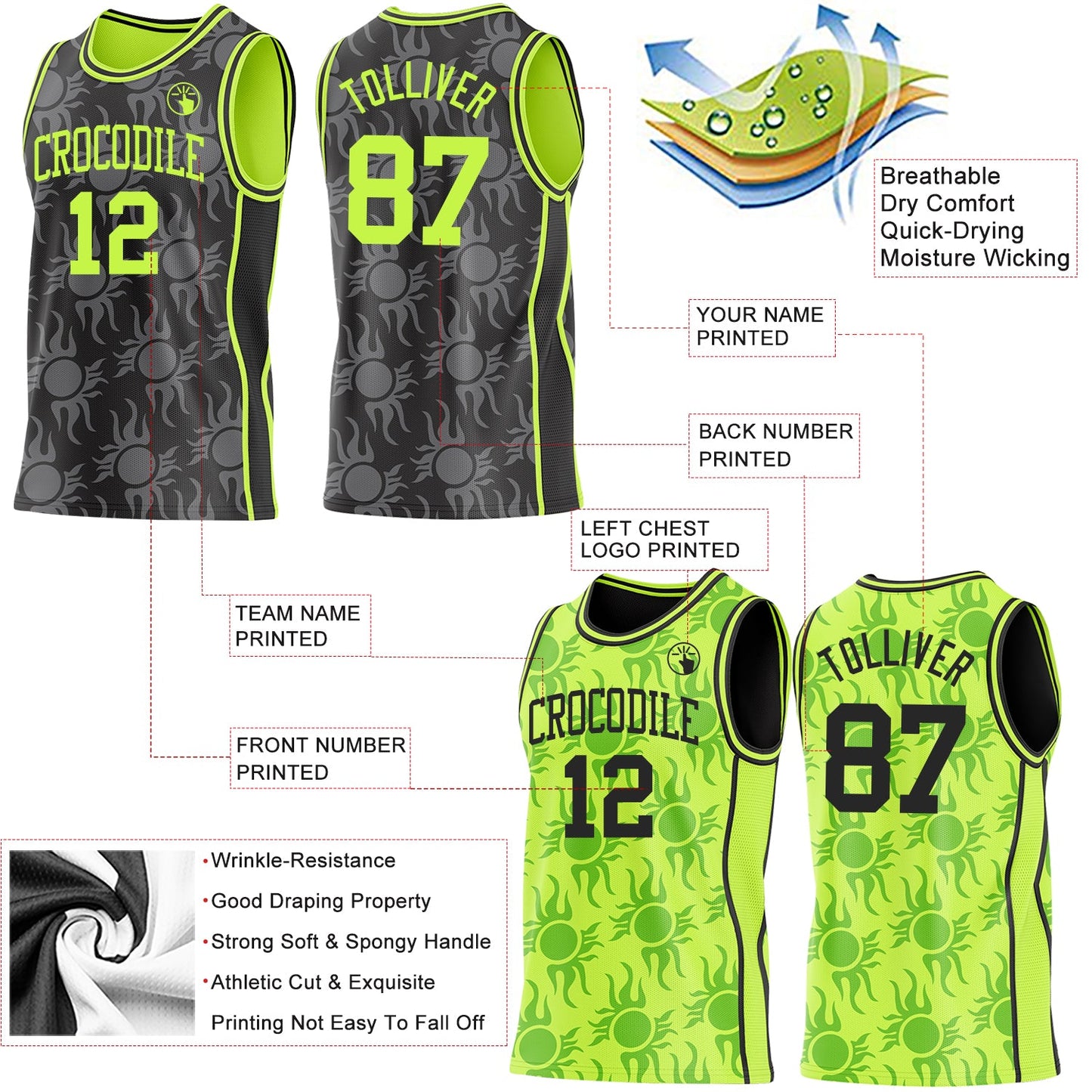 Custom Black-Neon Green Side Panel Stripe Sun Flame Reversible Double Side Sublimation Basketball Set Jersey