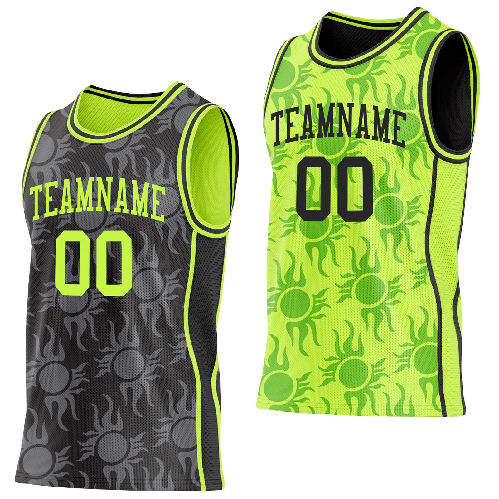 Custom Black-Neon Green Side Panel Stripe Sun Flame Reversible Double Side Sublimation Basketball Set Jersey