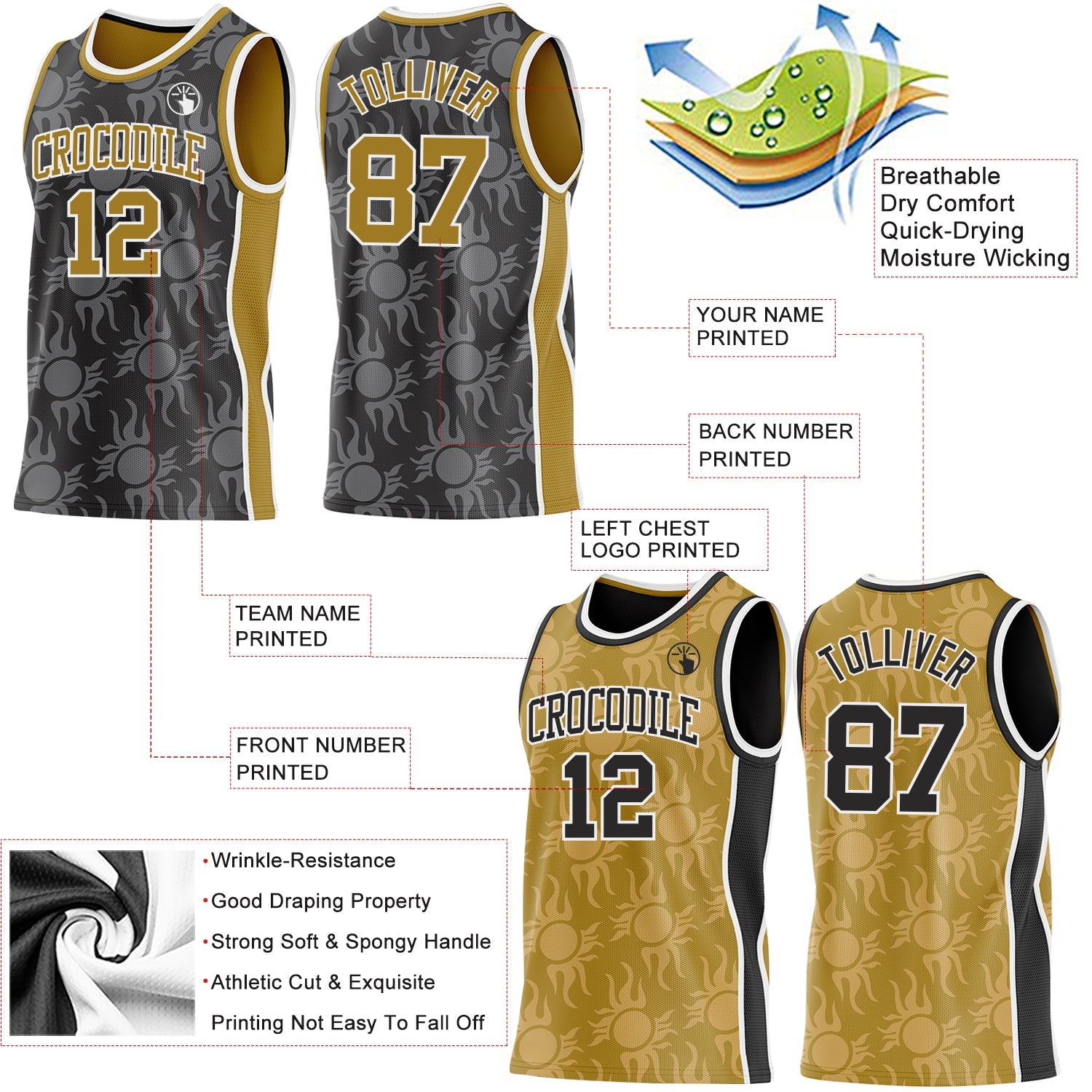 Custom Black Old Gold-White Side Panel Stripe Sun Flame Reversible Double Side Sublimation Basketball Set Jersey