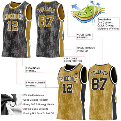 Custom Black Old Gold-White Side Panel Stripe Sun Flame Reversible Double Side Sublimation Basketball Set Jersey