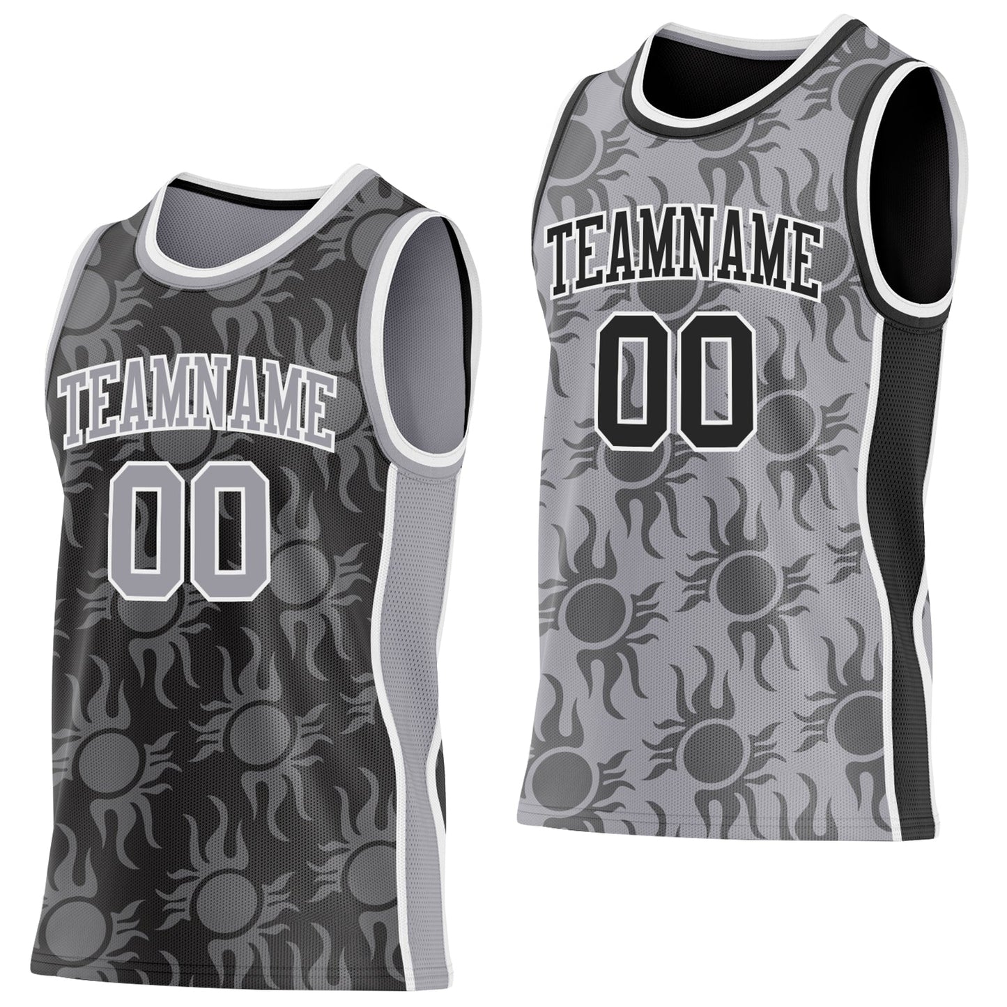 Custom Black Gray-White Side Panel Stripe Sun Flame Reversible Double Side Sublimation Basketball Set Jersey