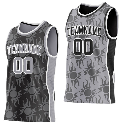 Custom Black Gray-White Side Panel Stripe Sun Flame Reversible Double Side Sublimation Basketball Set Jersey