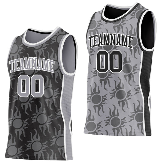 Custom Black Gray-White Side Panel Stripe Sun Flame Reversible Double Side Sublimation Basketball Set Jersey