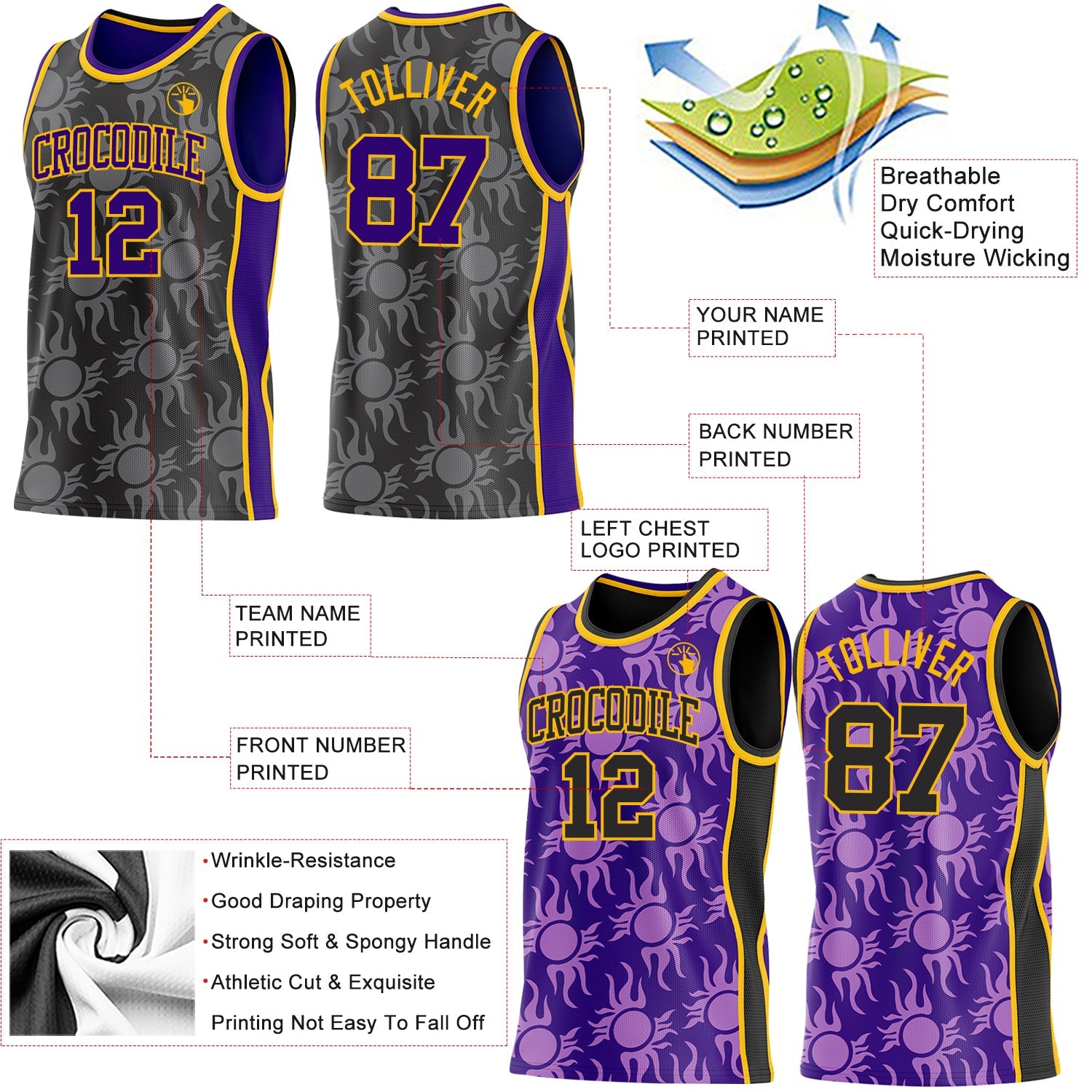 Custom Black Purple-Gold Side Panel Stripe Sun Flame Reversible Double Side Sublimation Basketball Set Jersey