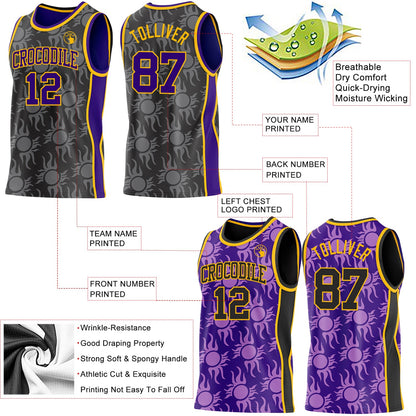 Custom Black Purple-Gold Side Panel Stripe Sun Flame Reversible Double Side Sublimation Basketball Set Jersey