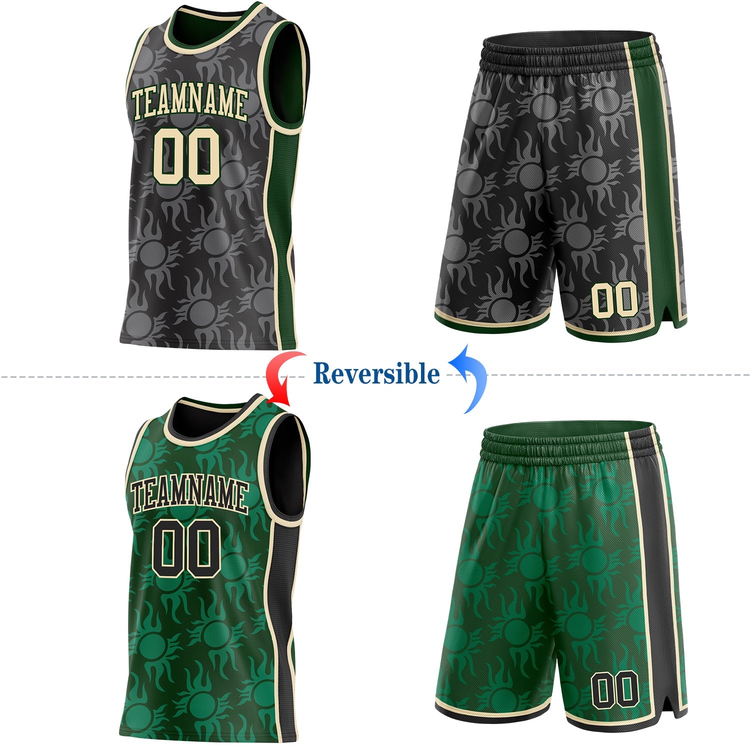 Custom Black Cream-Green Side Panel Stripe Sun Flame Reversible Double Side Sublimation Basketball Set Jersey