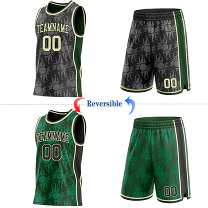 Custom Black Cream-Green Side Panel Stripe Sun Flame Reversible Double Side Sublimation Basketball Set Jersey