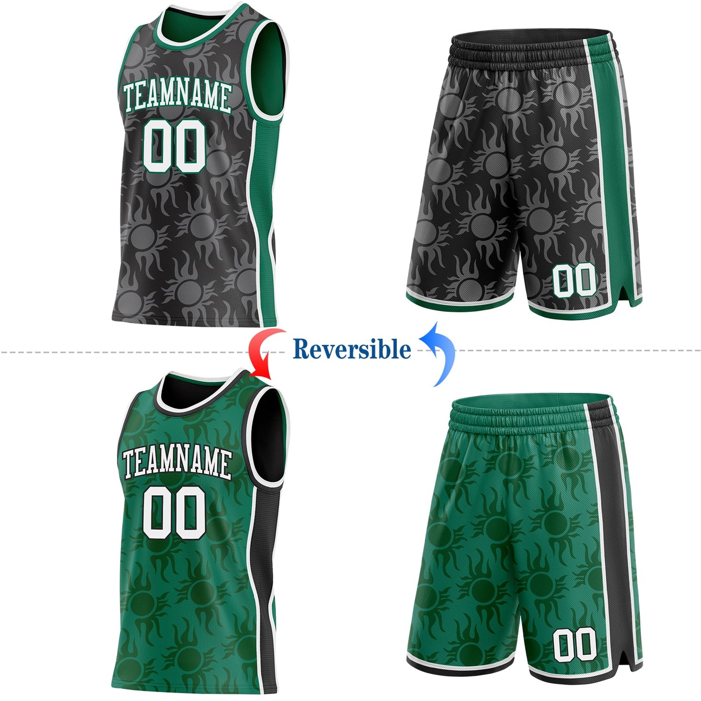 Custom Black White-Kelly Green Side Panel Stripe Sun Flame Reversible Double Side Sublimation Basketball Set Jersey
