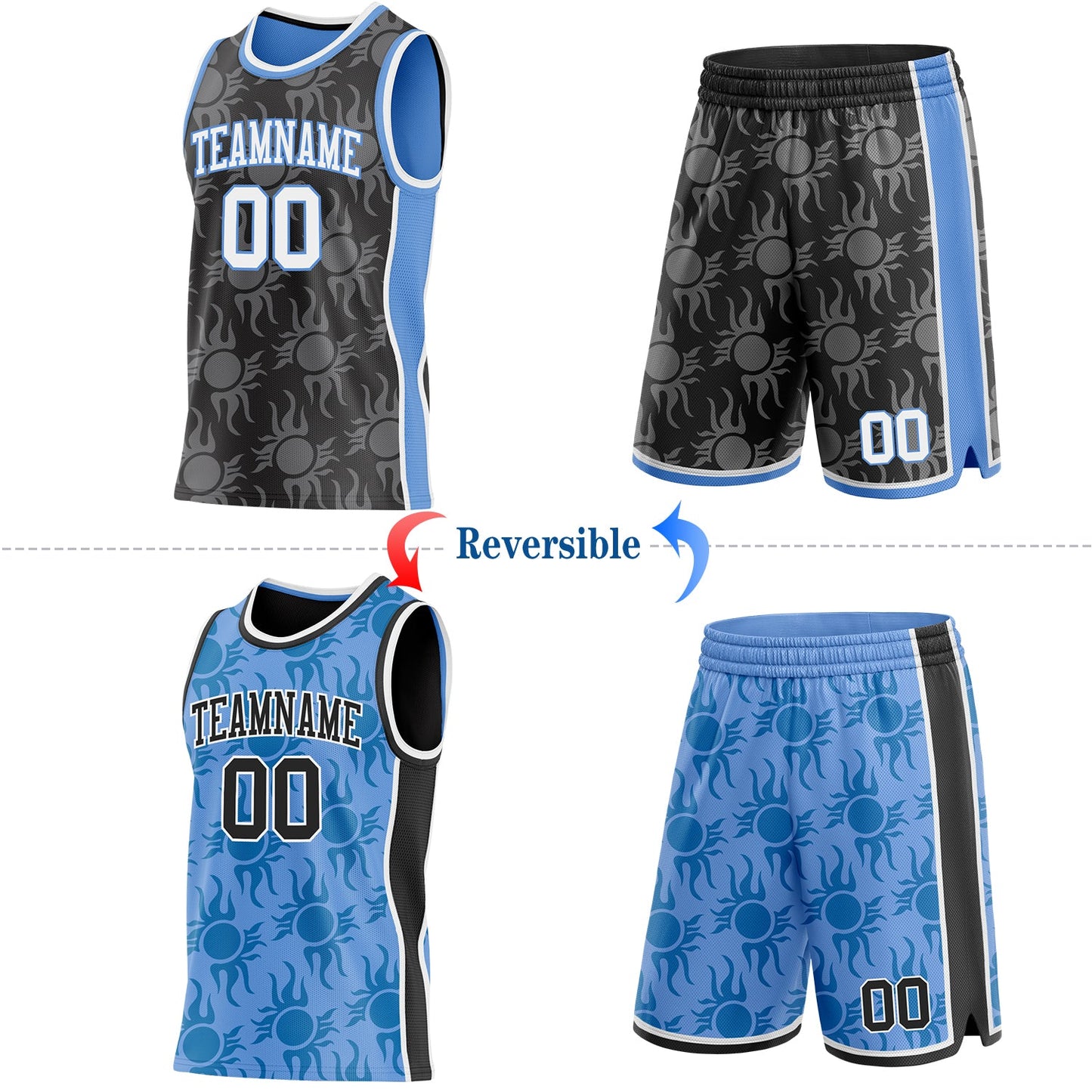 Custom Black White-Light Blue Side Panel Stripe Sun Flame Reversible Double Side Sublimation Basketball Set Jersey