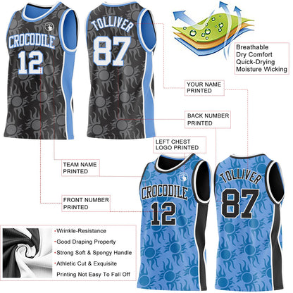 Custom Black White-Light Blue Side Panel Stripe Sun Flame Reversible Double Side Sublimation Basketball Set Jersey