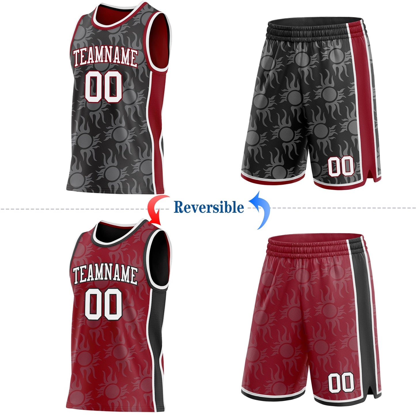 Custom Black White-Maroon Side Panel Stripe Sun Flame Reversible Double Side Sublimation Basketball Set Jersey