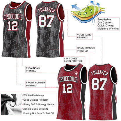 Custom Black White-Maroon Side Panel Stripe Sun Flame Reversible Double Side Sublimation Basketball Set Jersey