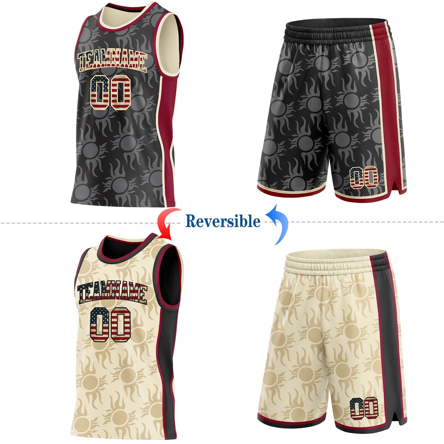 Custom Black Vintage USA Flag Cream-Maroon Side Panel Stripe Sun Flame Reversible Double Side Sublimation Basketball Set Jersey