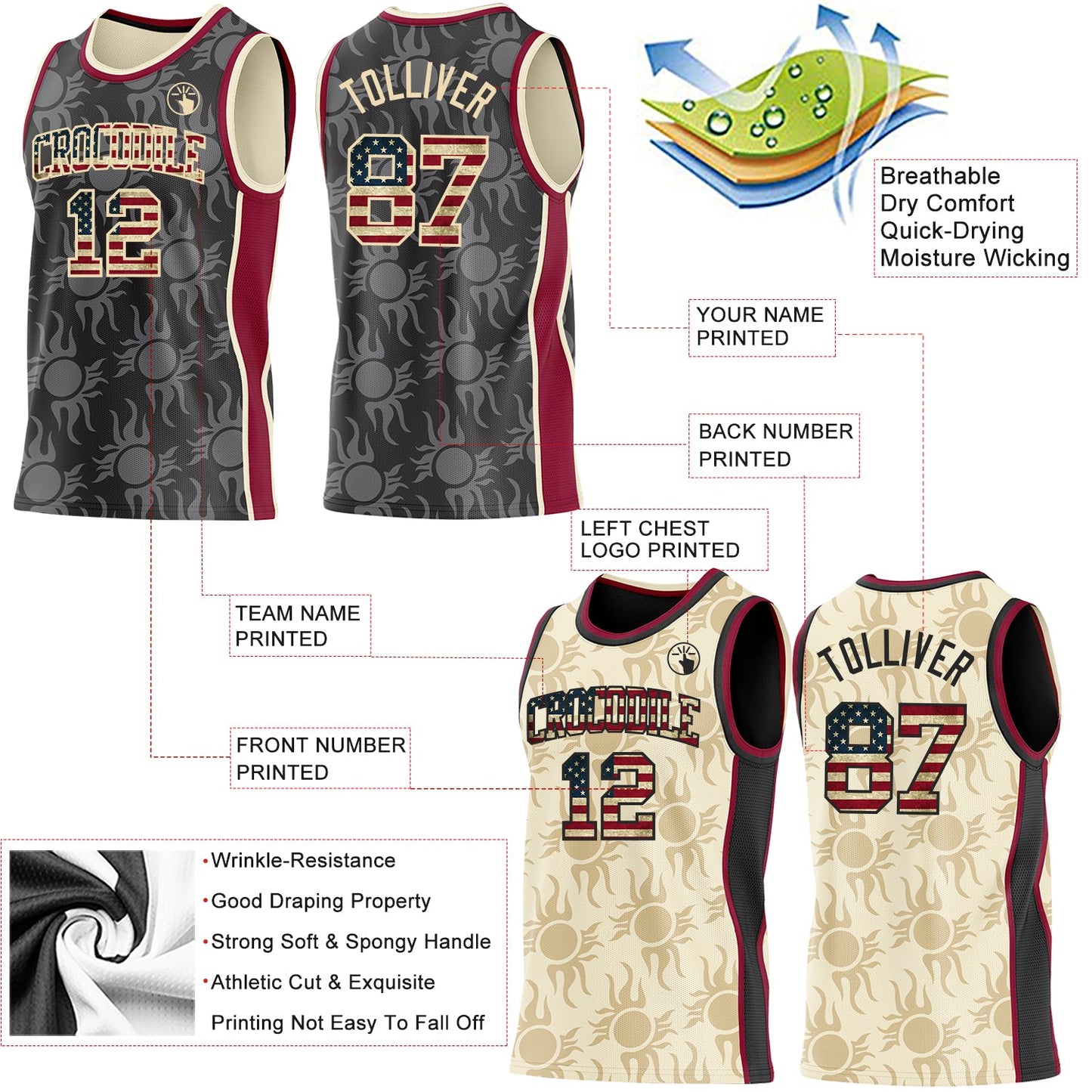 Custom Black Vintage USA Flag Cream-Maroon Side Panel Stripe Sun Flame Reversible Double Side Sublimation Basketball Set Jersey