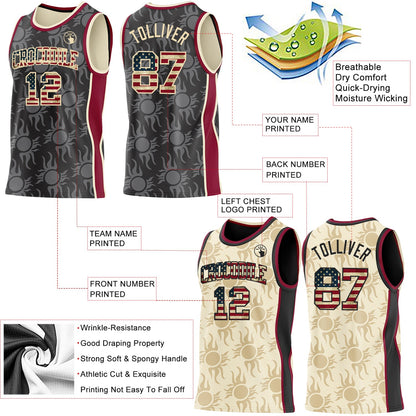 Custom Black Vintage USA Flag Cream-Maroon Side Panel Stripe Sun Flame Reversible Double Side Sublimation Basketball Set Jersey