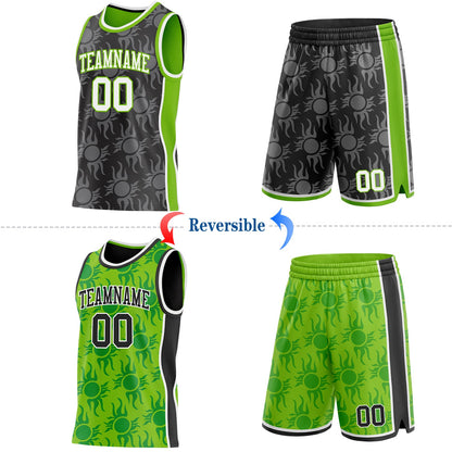 Custom Black White-Neon Green Side Panel Stripe Sun Flame Reversible Double Side Sublimation Basketball Set Jersey