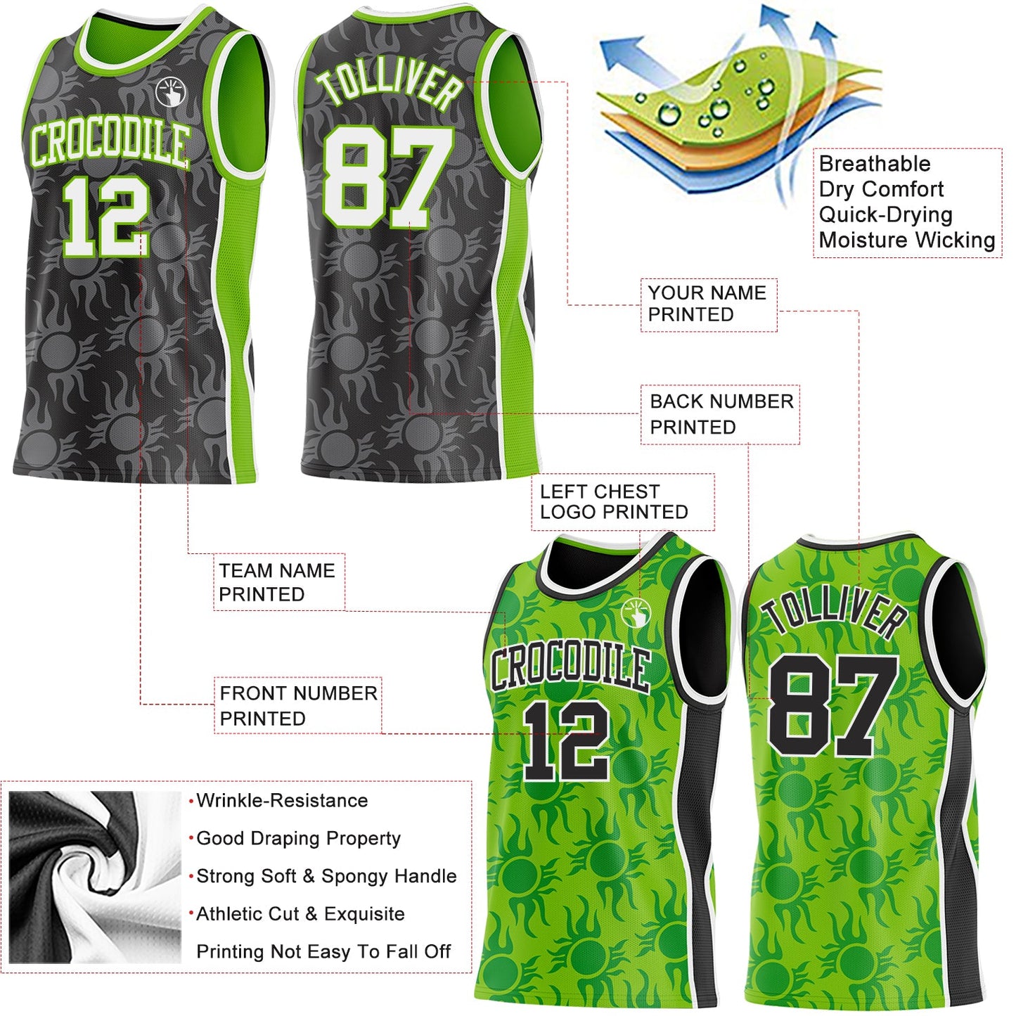 Custom Black White-Neon Green Side Panel Stripe Sun Flame Reversible Double Side Sublimation Basketball Set Jersey