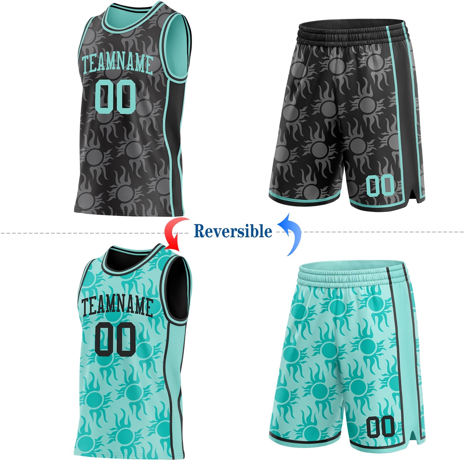 Custom Black-Ice Blue Side Panel Stripe Sun Flame Reversible Double Side Sublimation Basketball Set Jersey