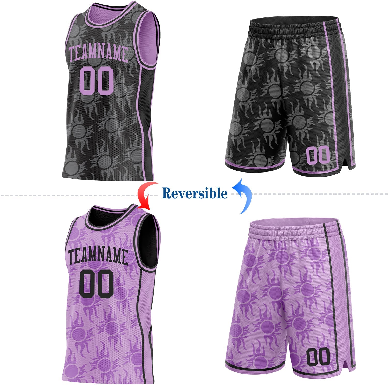 Custom Black-Light Purple Side Panel Stripe Sun Flame Reversible Double Side Sublimation Basketball Set Jersey