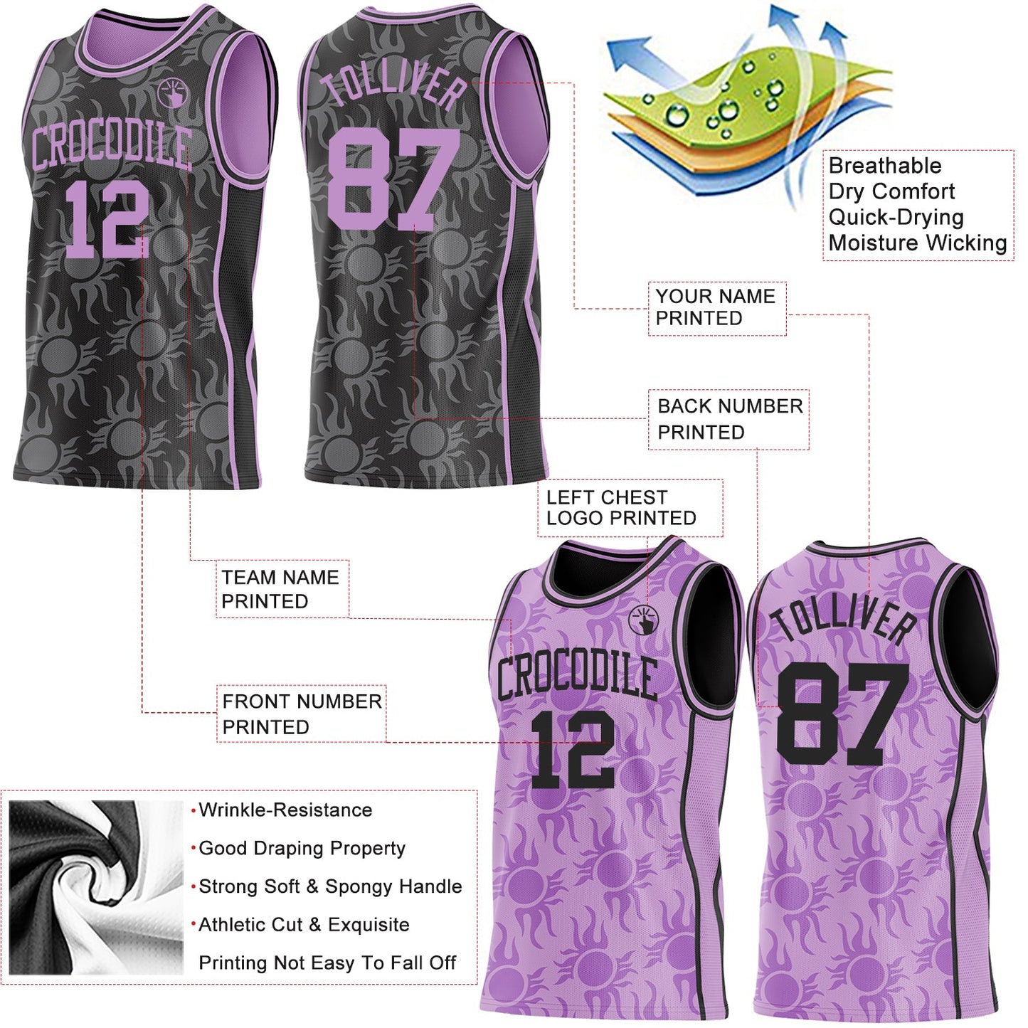 Custom Black-Light Purple Side Panel Stripe Sun Flame Reversible Double Side Sublimation Basketball Set Jersey