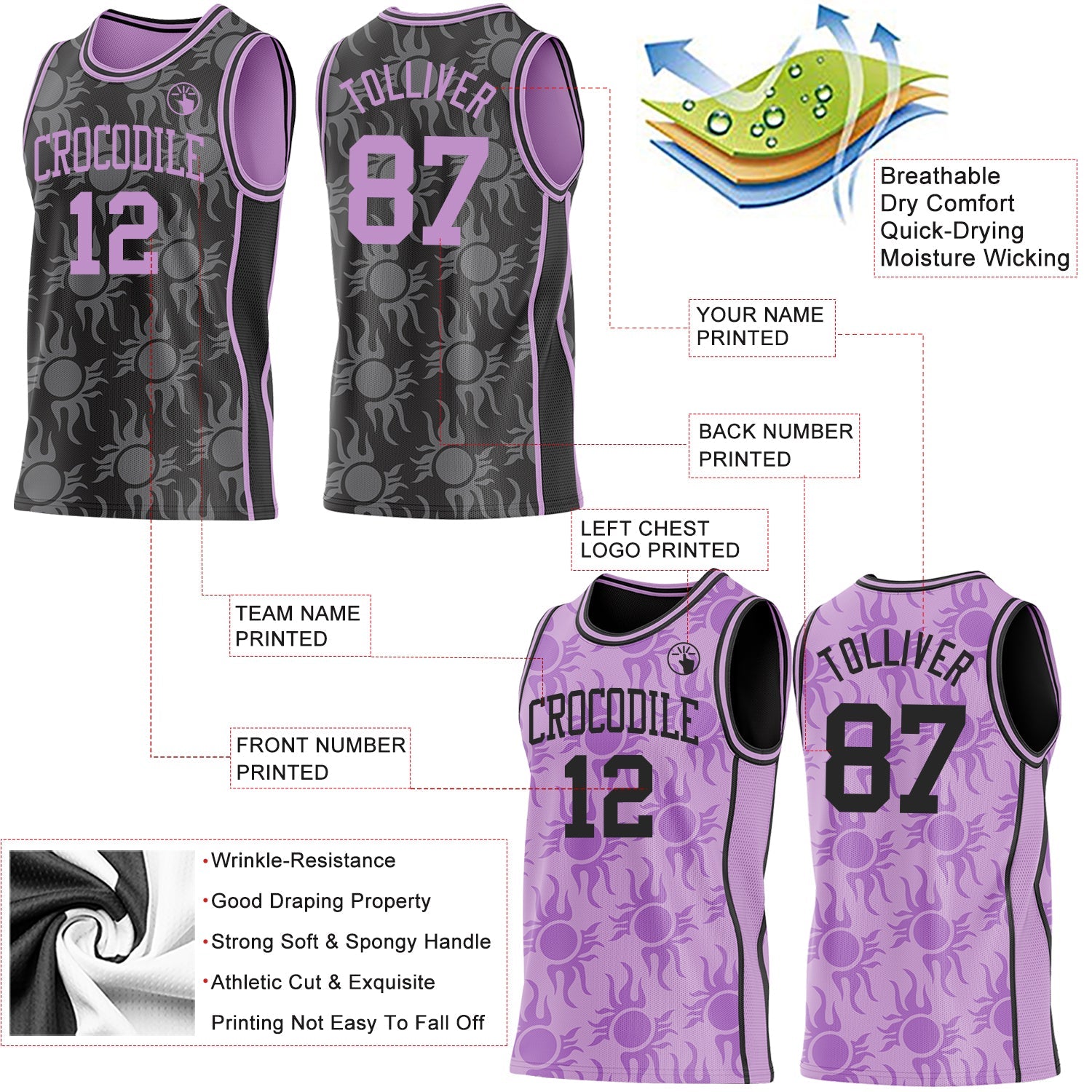 Custom Black-Light Purple Side Panel Stripe Sun Flame Reversible Double Side Sublimation Basketball Set Jersey