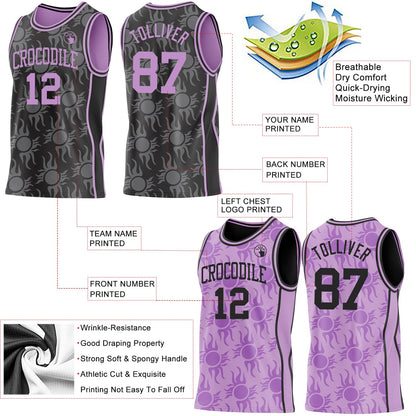 Custom Black-Light Purple Side Panel Stripe Sun Flame Reversible Double Side Sublimation Basketball Set Jersey