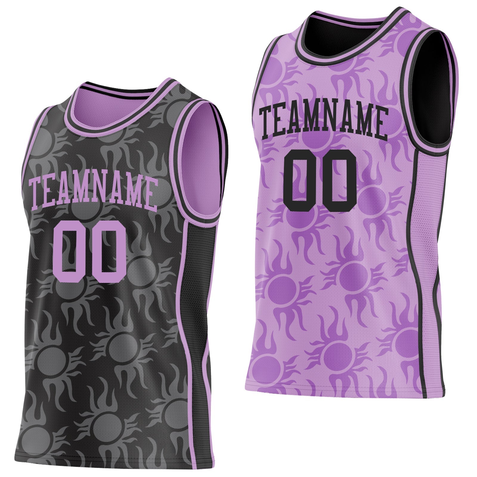 Custom Black-Light Purple Side Panel Stripe Sun Flame Reversible Double Side Sublimation Basketball Set Jersey