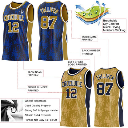 Custom Navy Old Gold-White Side Panel Stripe Sun Flame Reversible Double Side Sublimation Basketball Set Jersey
