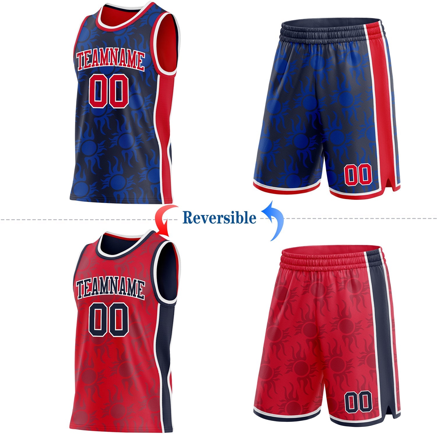 Custom Navy Red-White Side Panel Stripe Sun Flame Reversible Double Side Sublimation Basketball Set Jersey