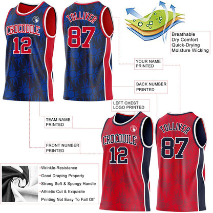 Custom Navy Red-White Side Panel Stripe Sun Flame Reversible Double Side Sublimation Basketball Set Jersey