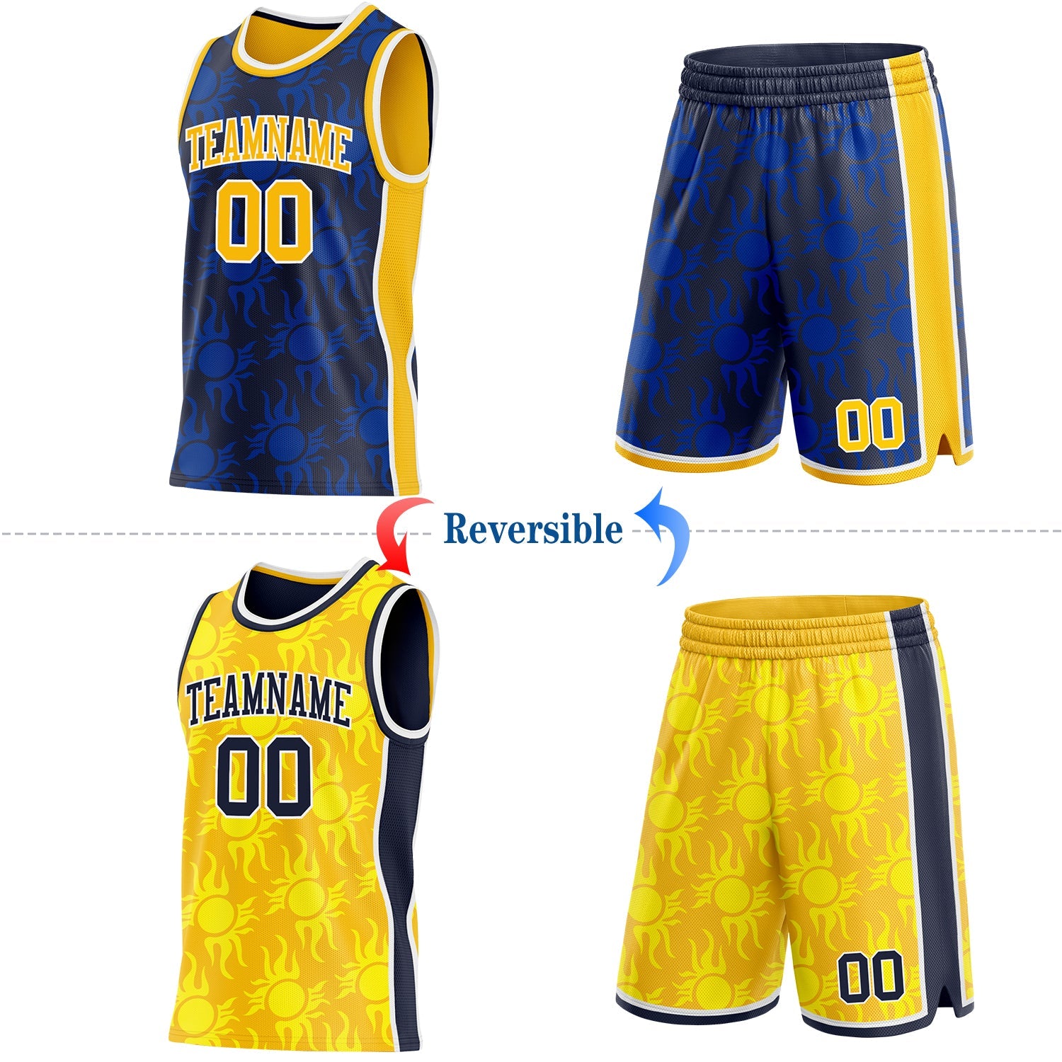 Custom Navy Gold-White Side Panel Stripe Sun Flame Reversible Double Side Sublimation Basketball Set Jersey