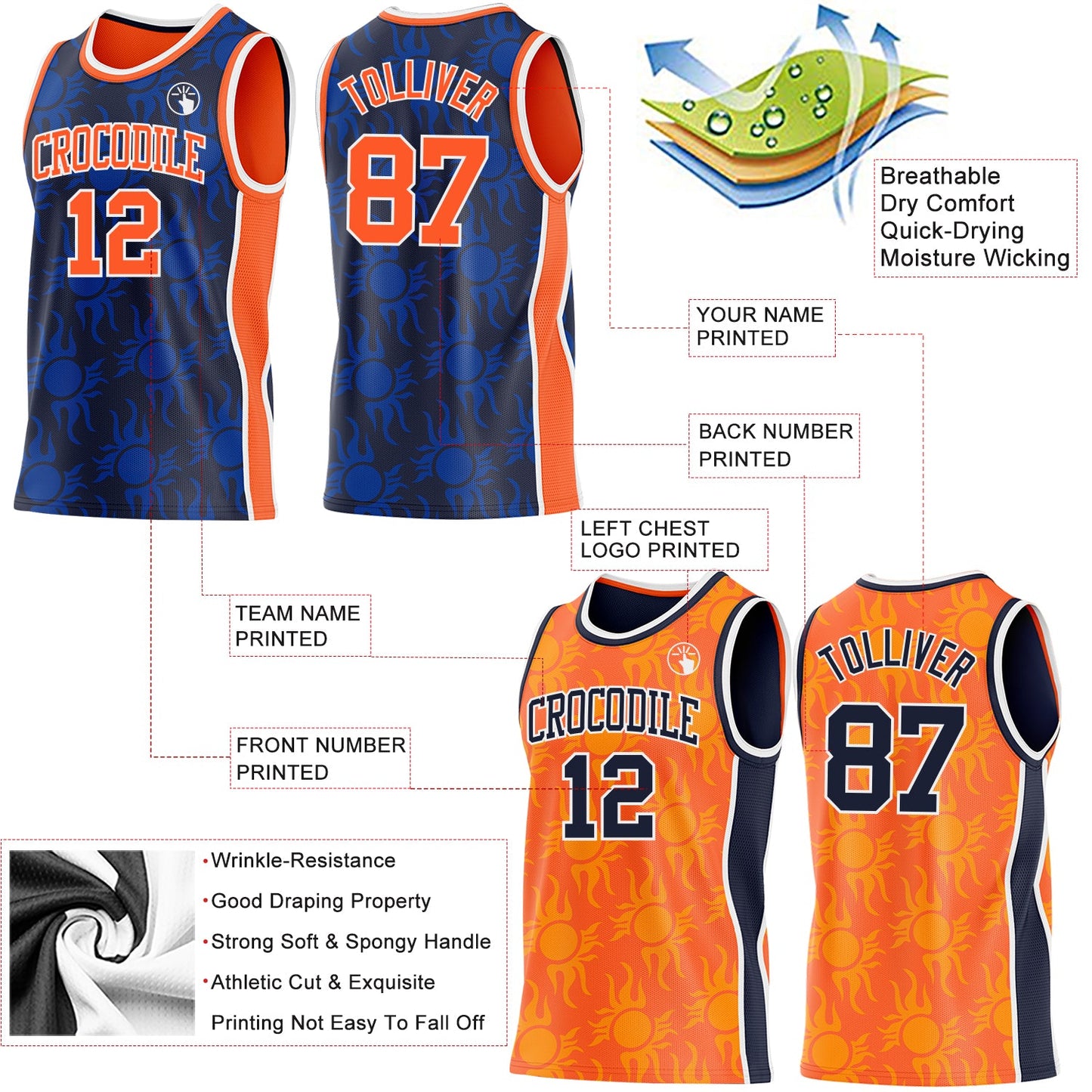 Custom Navy Orange-White Side Panel Stripe Sun Flame Reversible Double Side Sublimation Basketball Set Jersey