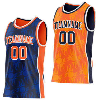 Custom Navy Orange-White Side Panel Stripe Sun Flame Reversible Double Side Sublimation Basketball Set Jersey