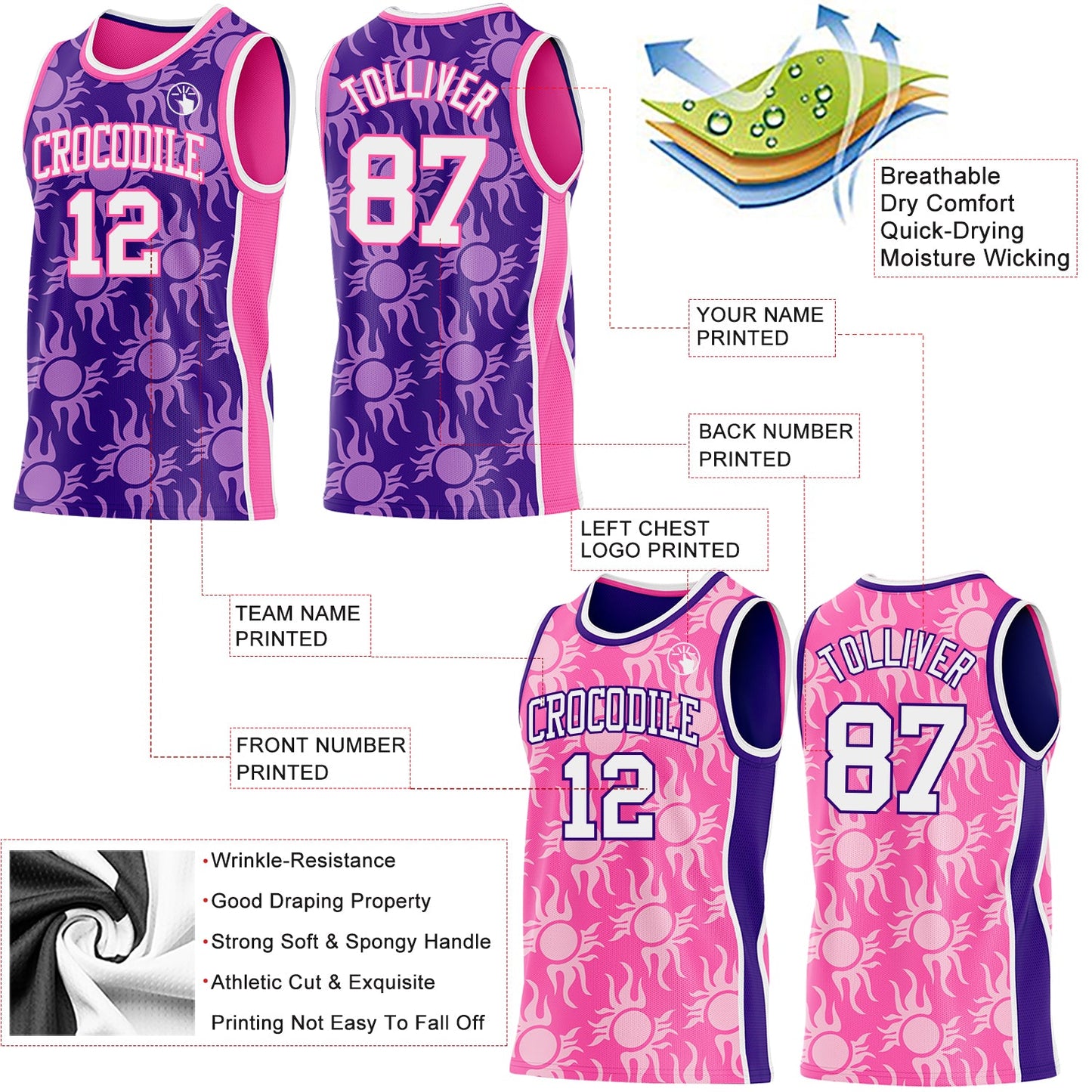 Custom Purple White-Pink Side Panel Stripe Sun Flame Reversible Double Side Sublimation Basketball Set Jersey