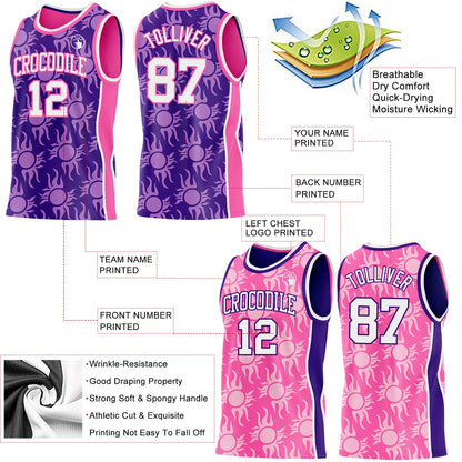 Custom Purple White-Pink Side Panel Stripe Sun Flame Reversible Double Side Sublimation Basketball Set Jersey
