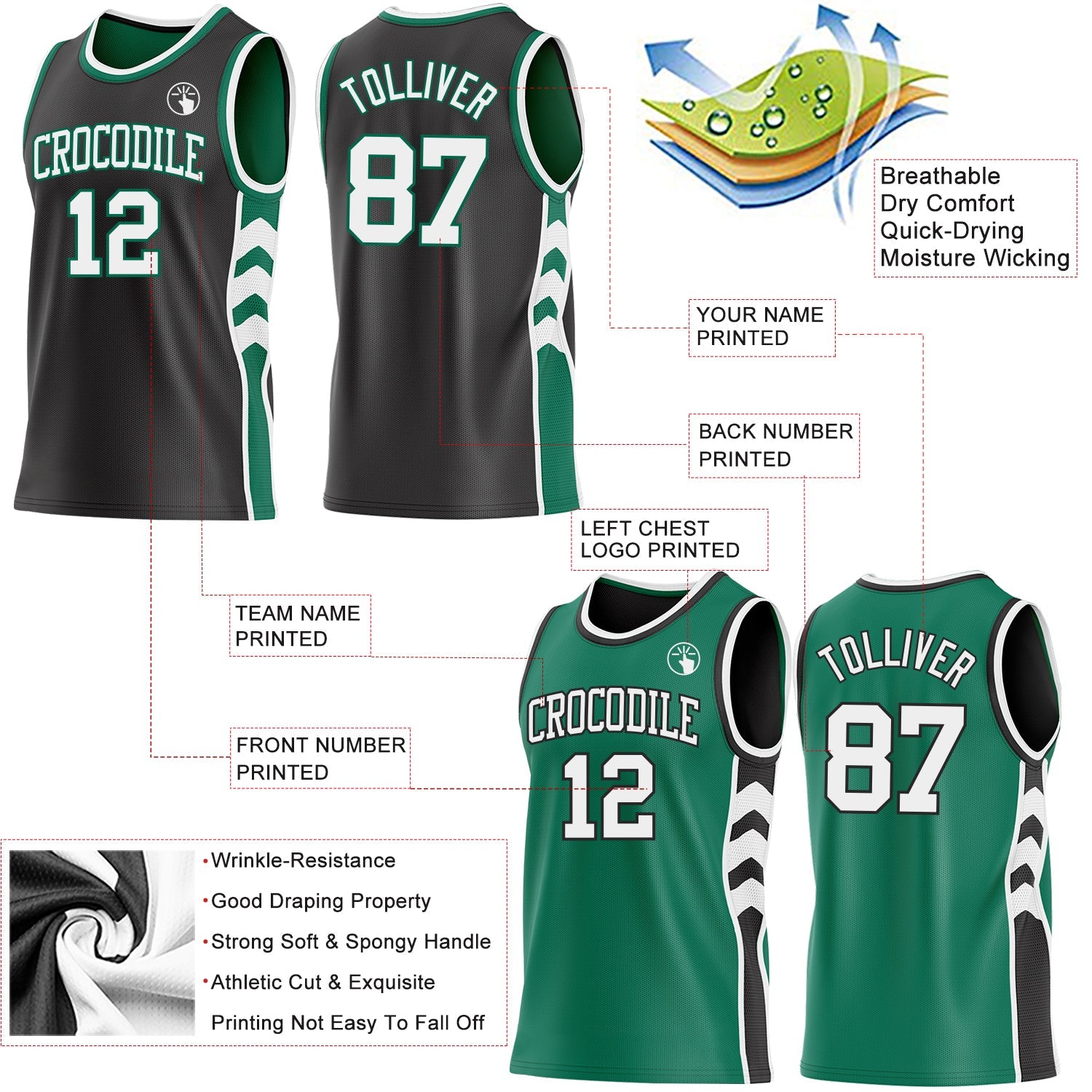 Custom Black White-Kelly Green Side Panel Geometric Chevron Reversible Double Side Sublimation Basketball Set Jersey