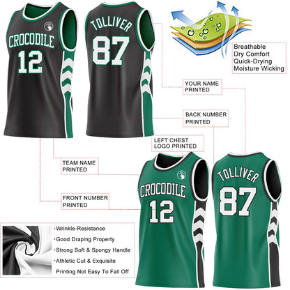 Custom Black White-Kelly Green Side Panel Geometric Chevron Reversible Double Side Sublimation Basketball Set Jersey