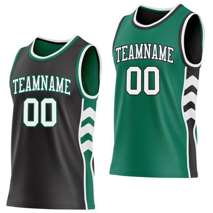 Custom Black White-Kelly Green Side Panel Geometric Chevron Reversible Double Side Sublimation Basketball Set Jersey