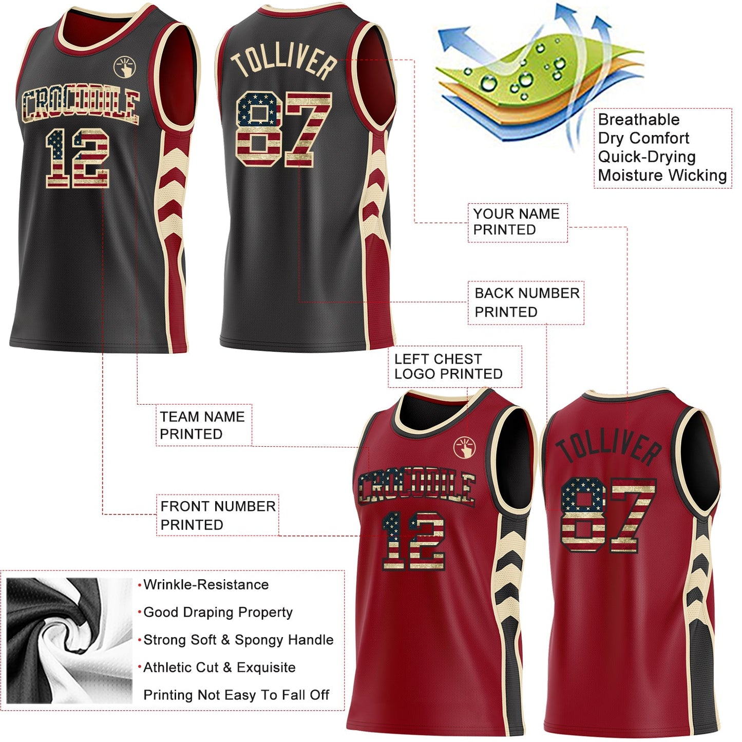 Custom Black Vintage USA Flag Cream-Maroon Side Panel Geometric Chevron Reversible Double Side Sublimation Basketball Set Jersey