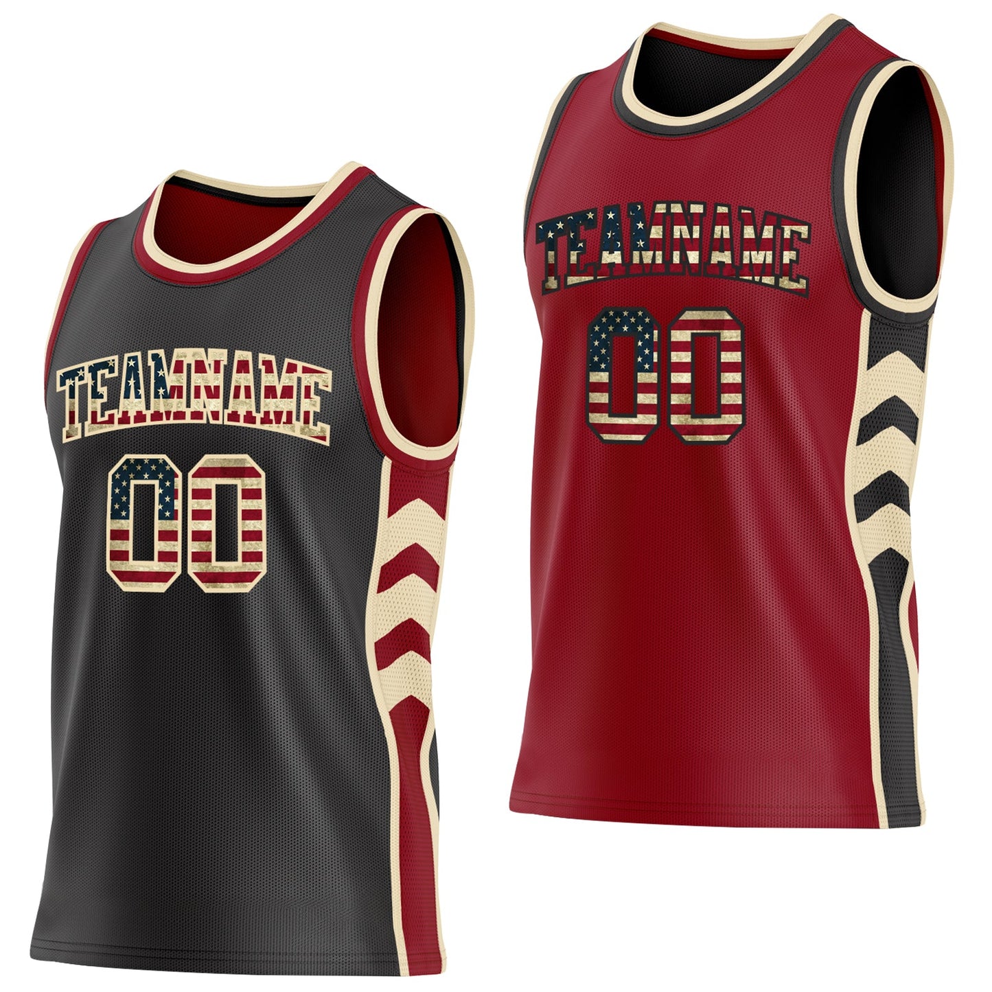 Custom Black Vintage USA Flag Cream-Maroon Side Panel Geometric Chevron Reversible Double Side Sublimation Basketball Set Jersey