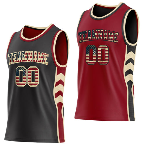 Custom Black Vintage USA Flag Cream-Maroon Side Panel Geometric Chevron Reversible Double Side Sublimation Basketball Set Jersey