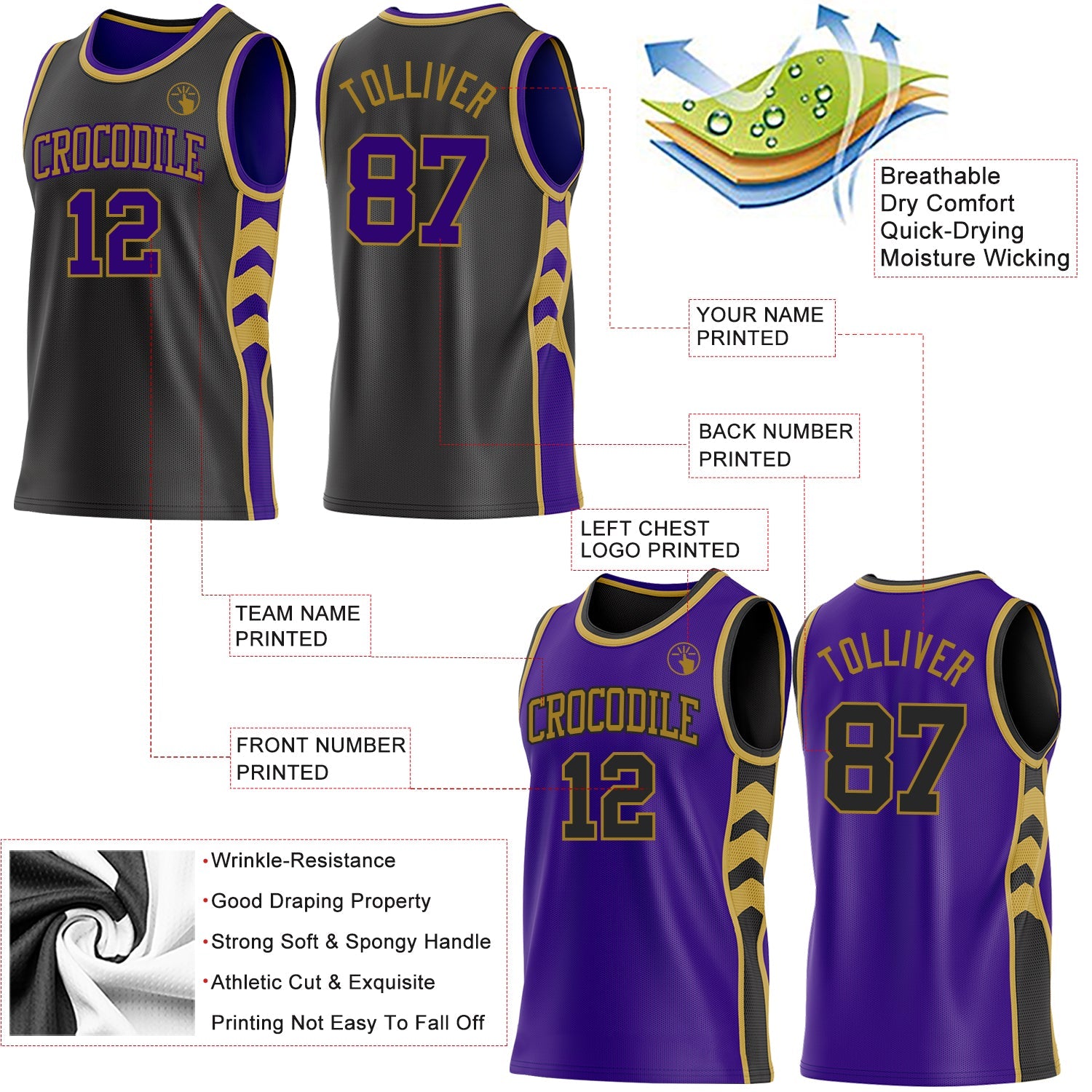 Custom Black Purple-Old Gold Side Panel Geometric Chevron Reversible Double Side Sublimation Basketball Set Jersey