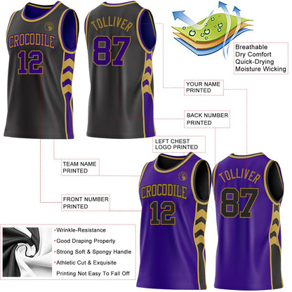 Custom Black Purple-Old Gold Side Panel Geometric Chevron Reversible Double Side Sublimation Basketball Set Jersey