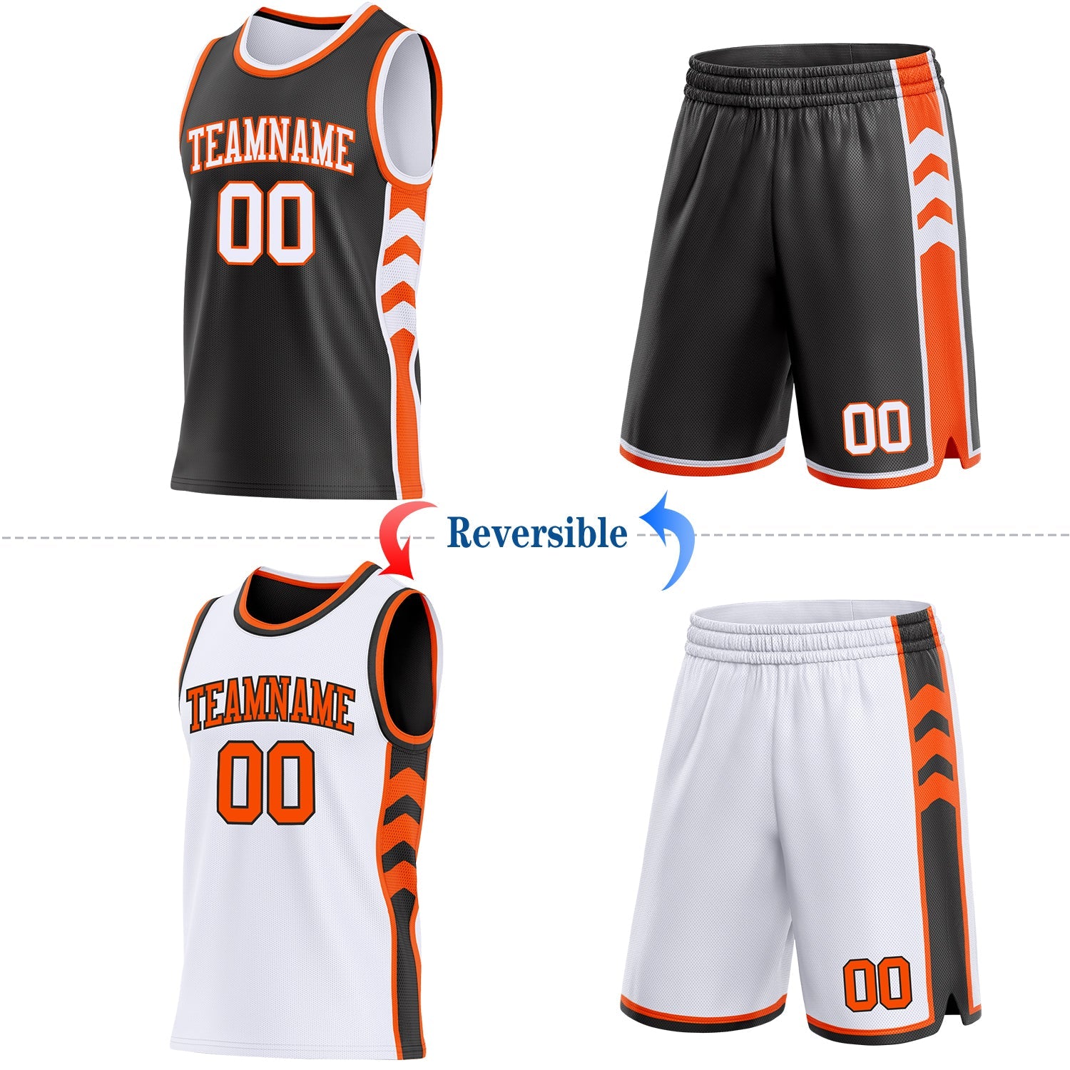 Custom Black White-Orange Side Panel Geometric Chevron Reversible Double Side Sublimation Basketball Set Jersey