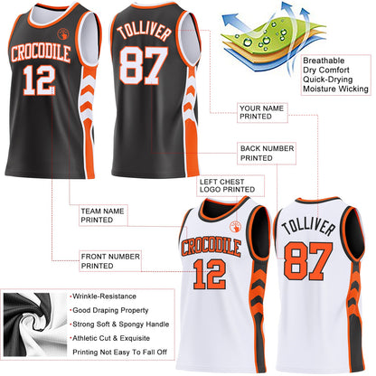 Custom Black White-Orange Side Panel Geometric Chevron Reversible Double Side Sublimation Basketball Set Jersey